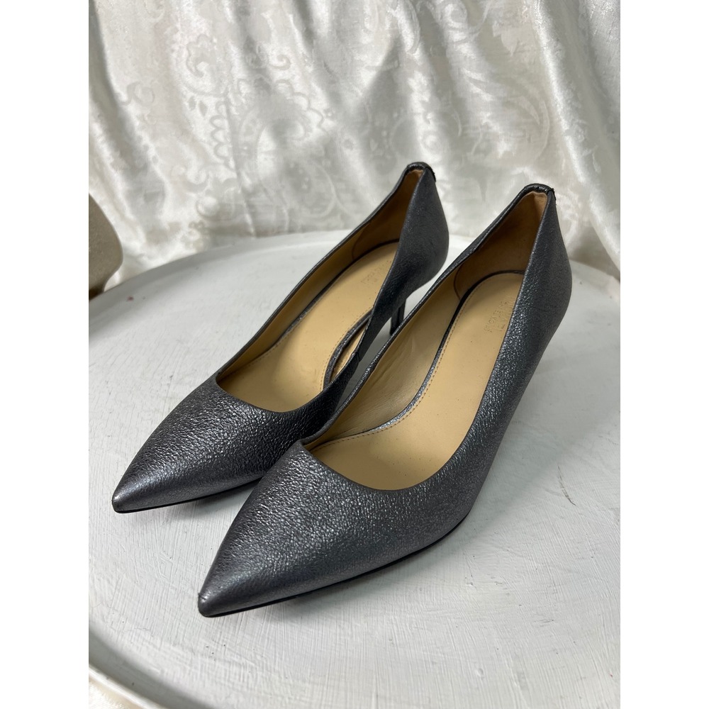 Michael Kors Flex Mid Kitten Heels Gunmetal Pewter Metallic Leather Pumps 8M